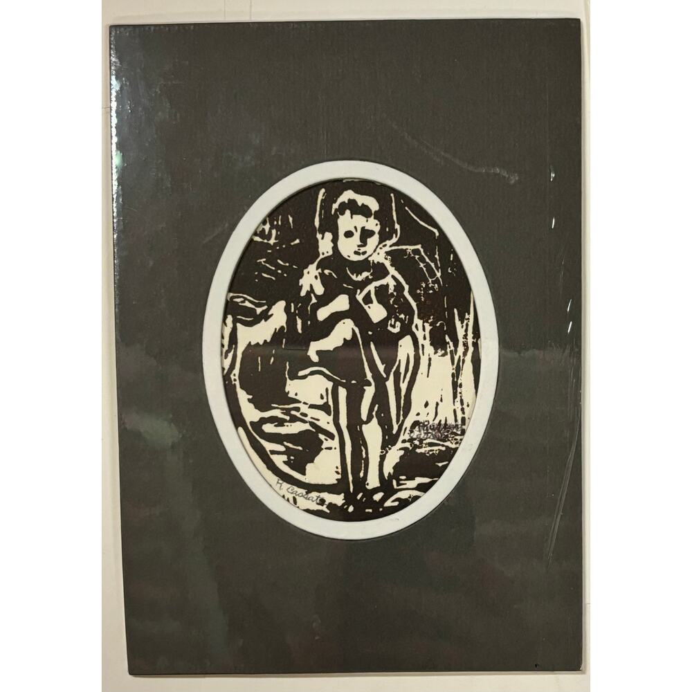 Vintage Linoleum Block Print Mid Century Art